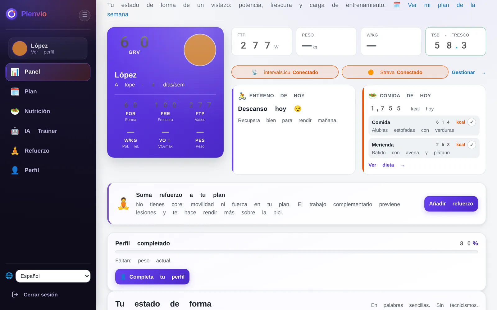 Panel real de Plenvio: estado de forma, entreno del día y comida del día con calorías