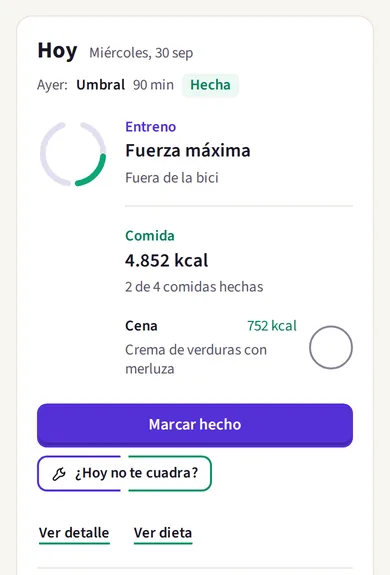 La tarjeta «Hoy» en el móvil: ayer, umbral de 90 minutos, hecha; hoy, fuerza máxima fuera de la bici, y 4.852 kcal de comida con 2 de 4 comidas hechas y la cena por delante.